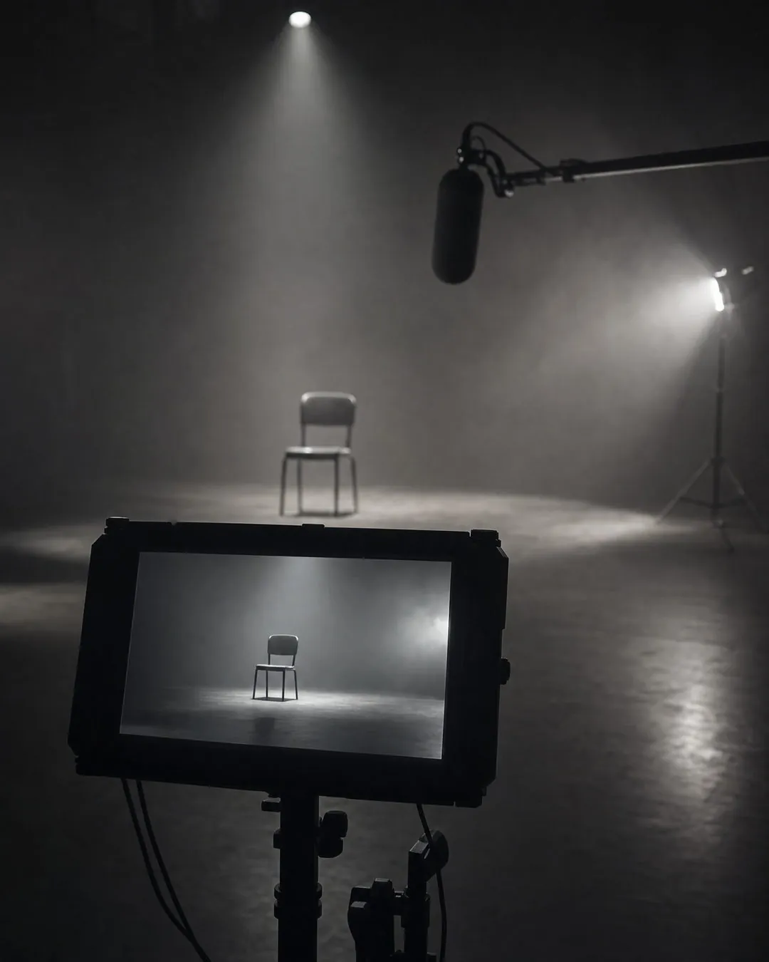 Core Media Co. brand imagery: an empty chair on a dark set, seen past a camera monitor with a boom microphone overhead.