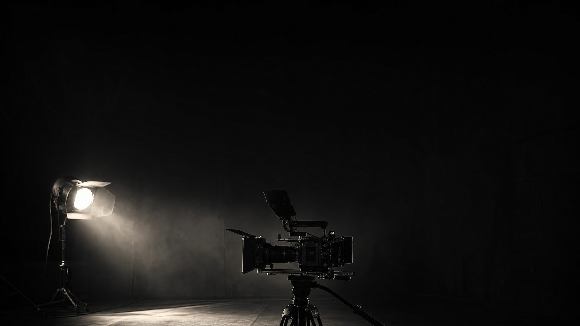 Core Media Co. brand imagery: a cinema camera on a tripod beside a single lamp on a dark stage.