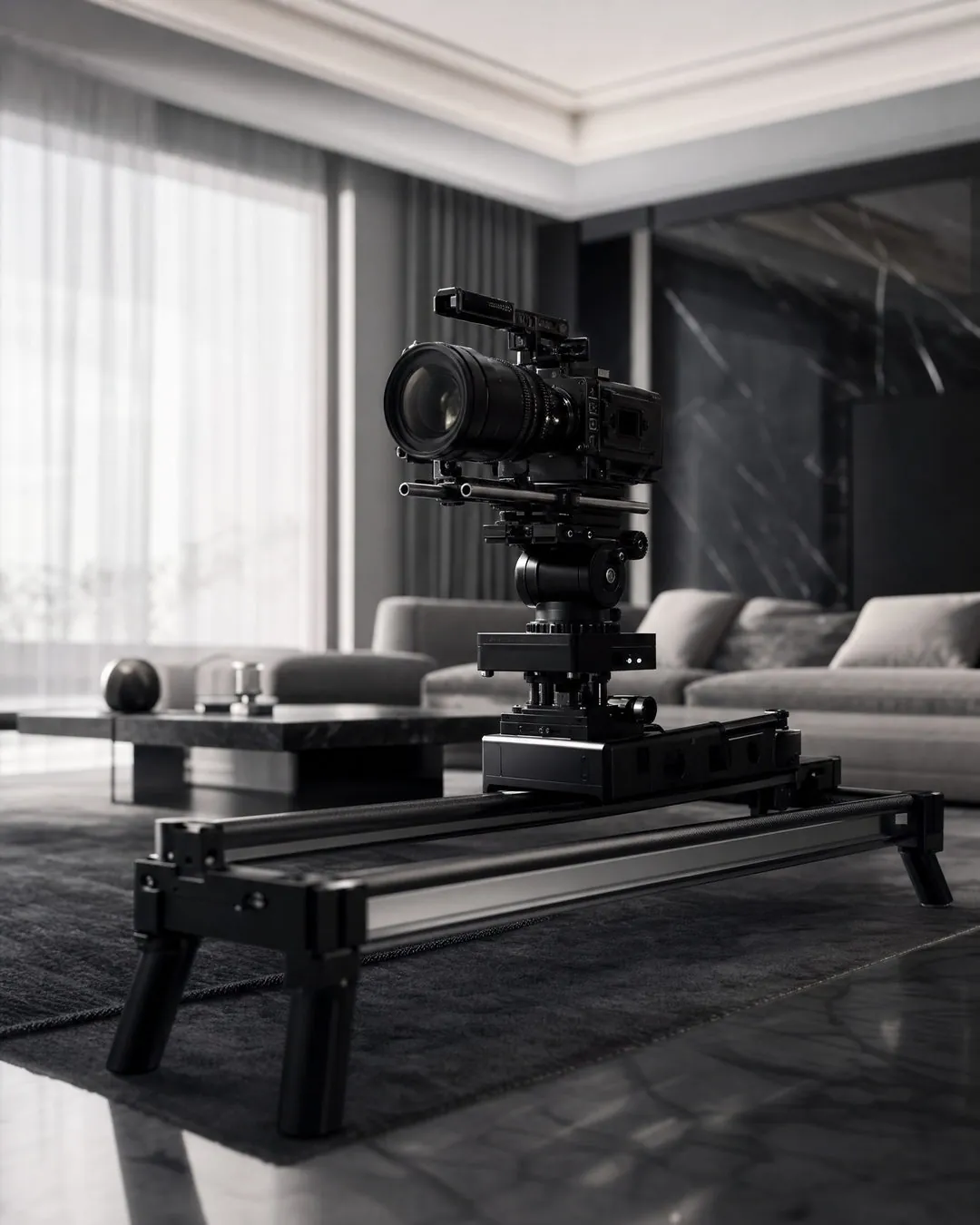 Core Media Co. brand imagery: a cinema camera on a motorized slider in a modern living room, in black and white.