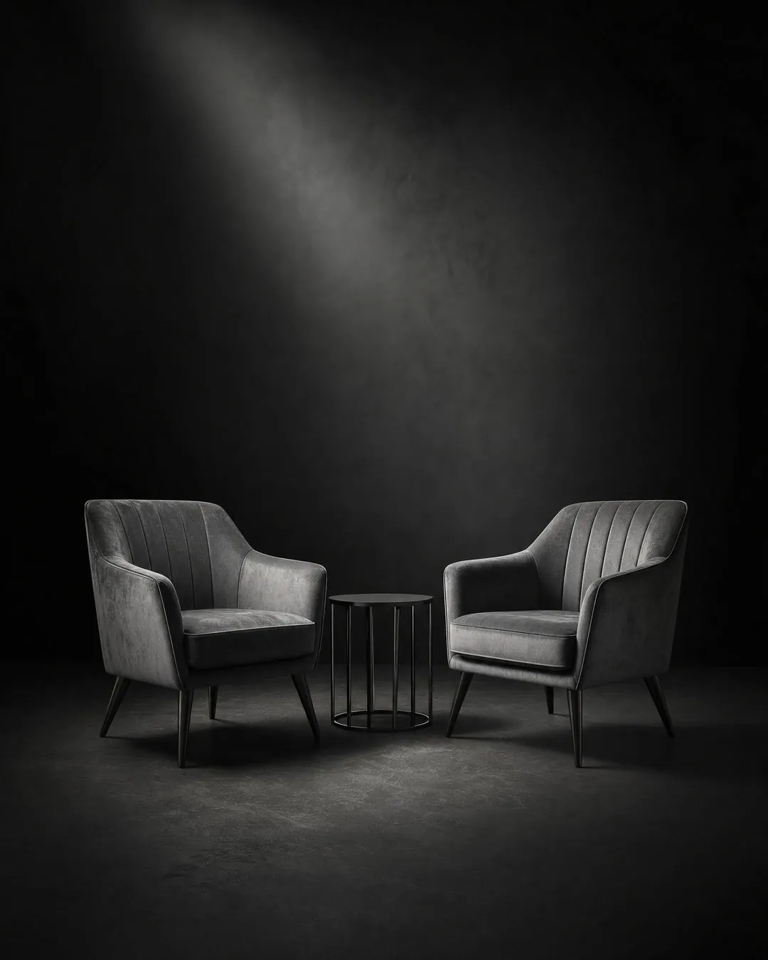 Core Media Co. brand imagery: two armchairs and a small side table under a single beam of light on a dark set.