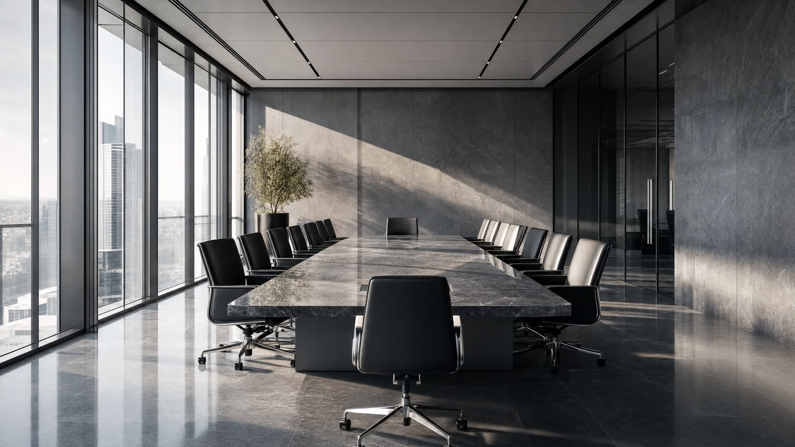 Core Media Co. brand imagery: an empty boardroom with a long stone conference table, black leather chairs, and floor to ceiling windows over a city skyline.
