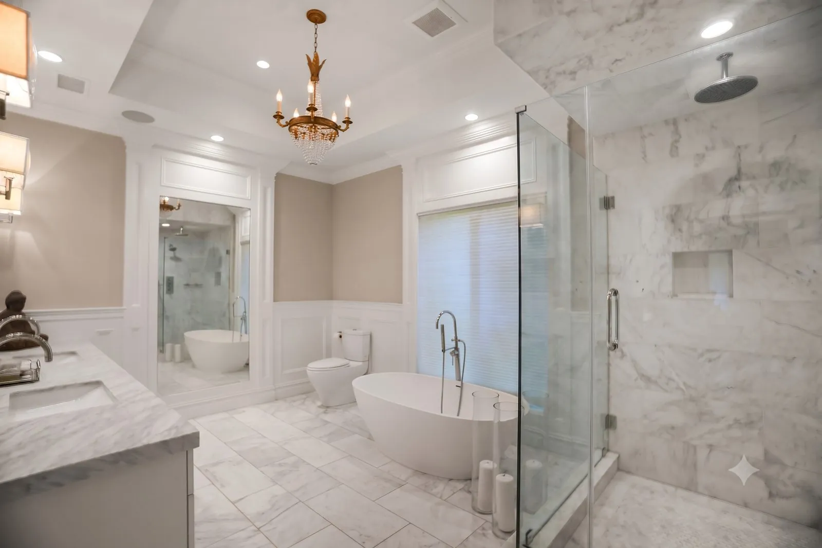 Marble primary bath with a soaking tub and glass shower, real estate interior photography, Suffolk County